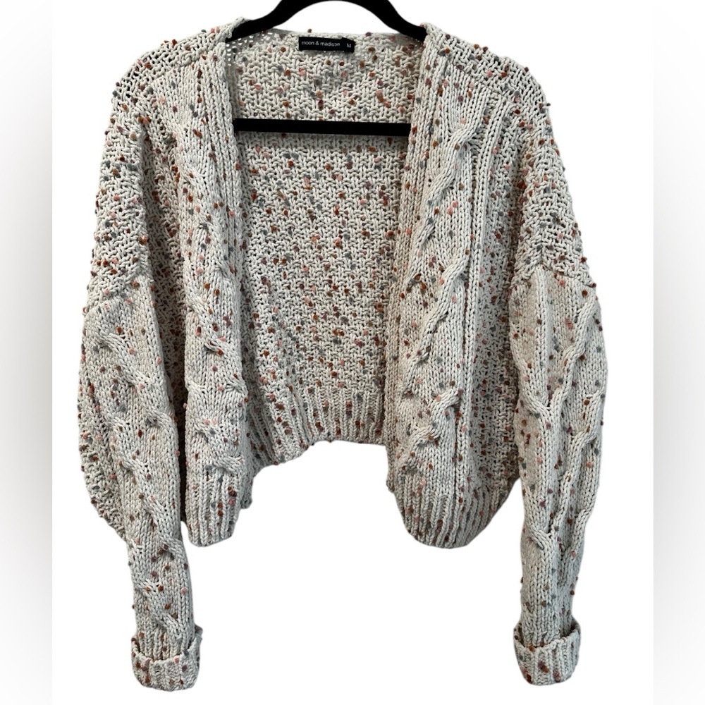 Moon and Madison chunky knit cardigan, cream and multi color, size Medium
